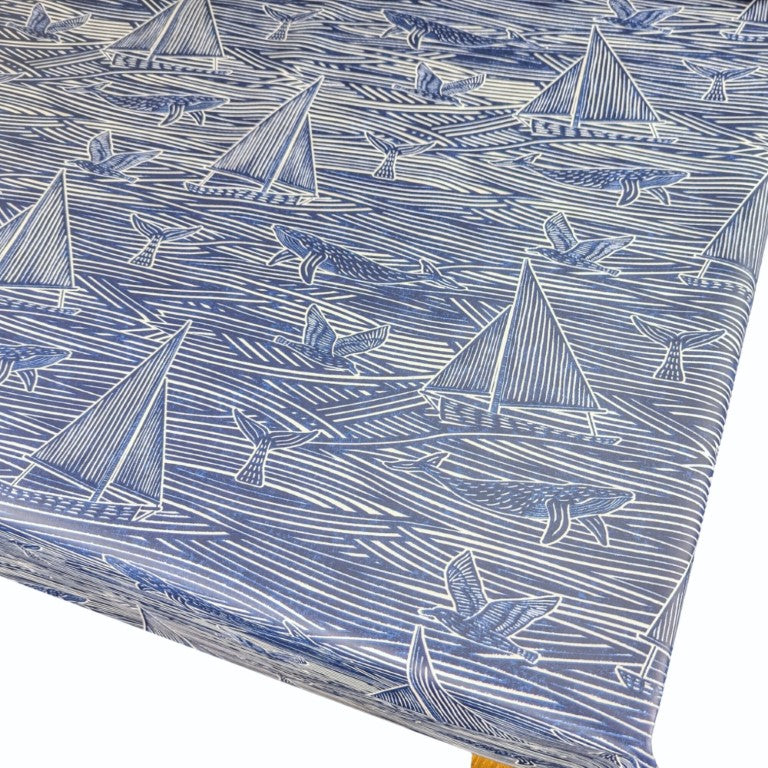 Whales and Sail Boats Navy Blue Matt Oilcloth Table Cloth