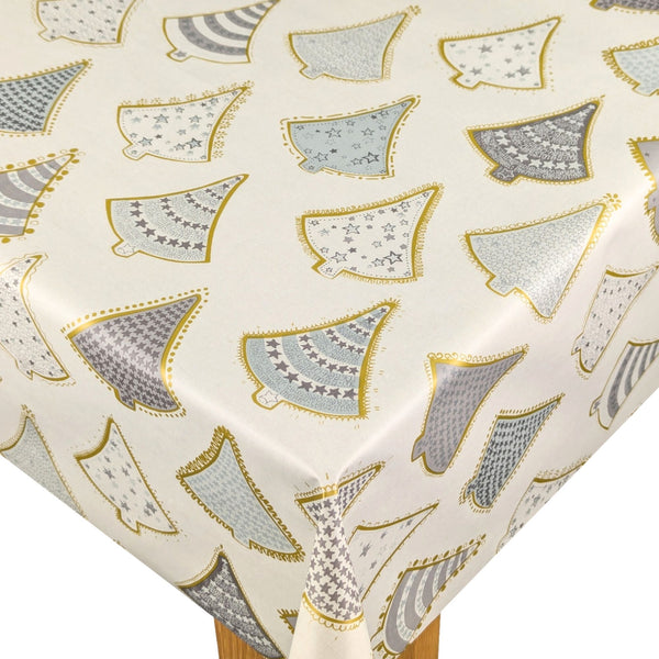 Christmas Trees Silver Grey and Gold Vinyl Oilcloth Tablecloth