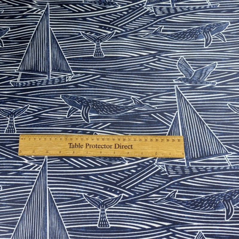 Whales and Sail Boats Navy Blue Matt Oilcloth Table Cloth