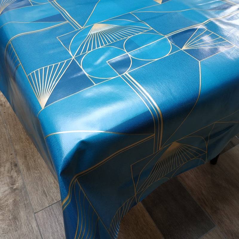 Art Nouveau Teal Gold PVC Vinyl Wipe Clean Tablecloth  140cm x 140cm Warehouse Clearance