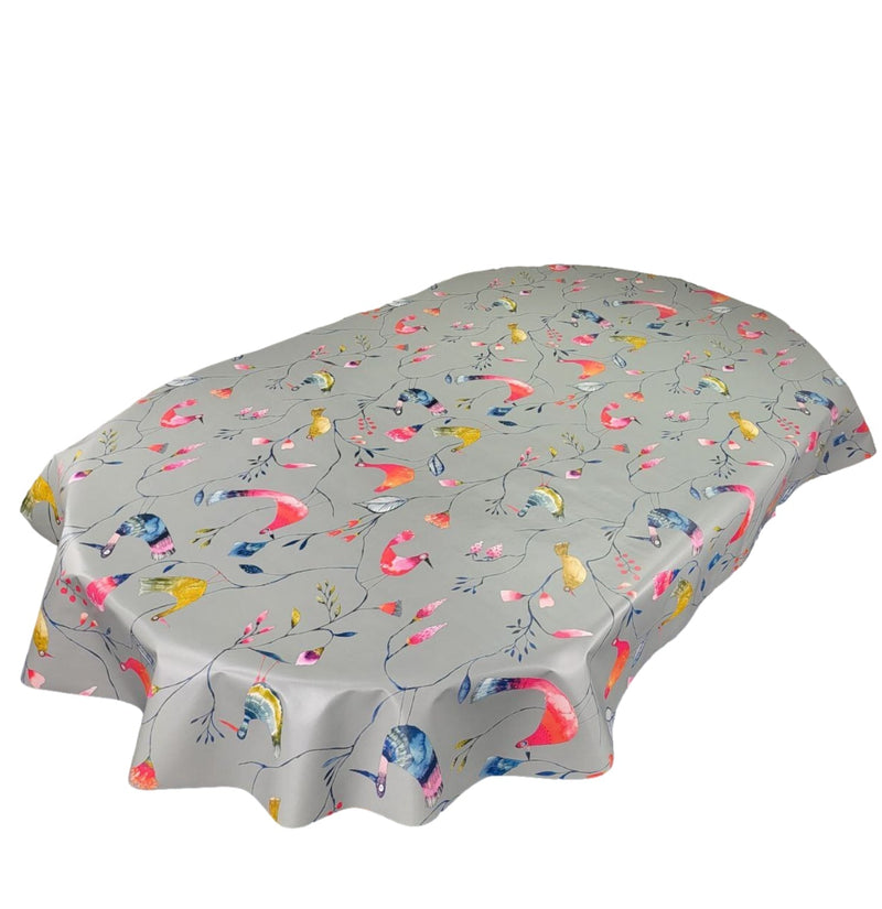 Oval Barmy Birds Grey Wipe Clean PVC Vinyl Tablecloth  250cm x 140cm