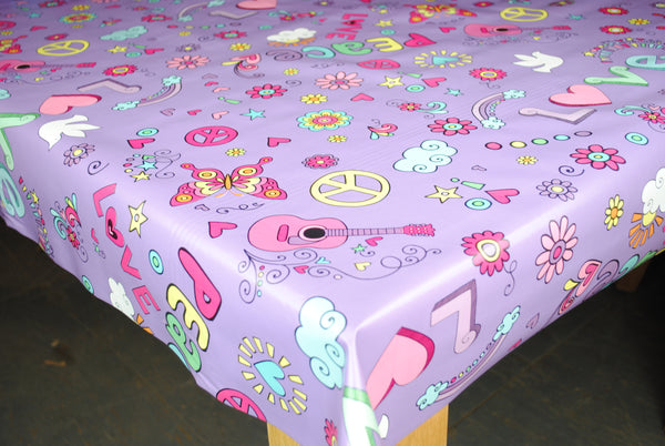 Retro Flower Power Peace and Love Purple PVC Vinyl Tablecloth 20 Metres Roll x 140cm