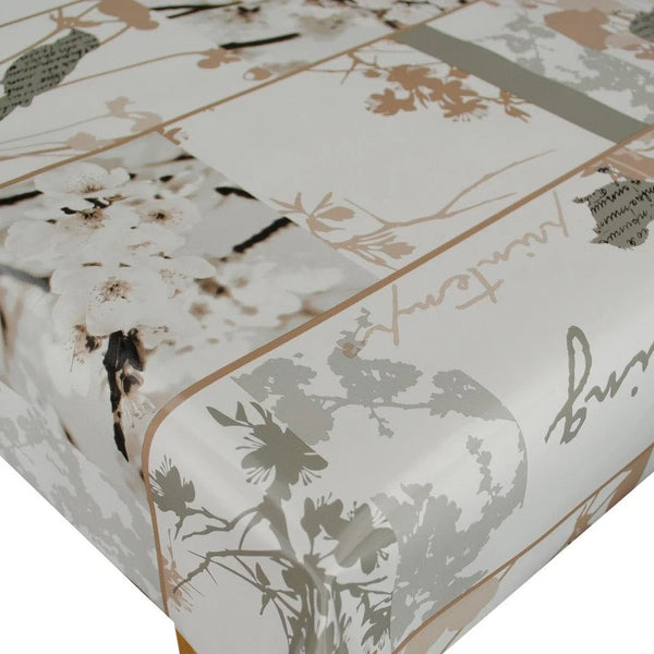 Birds and Blossom Taupe and Grey vinyl tablecloth 240cm x 140cm -Warehouse Clearance