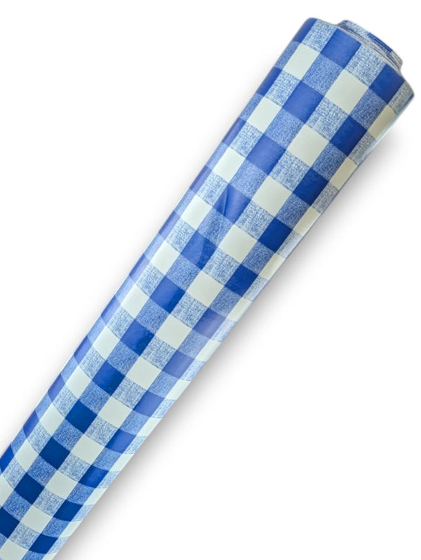 Blue Classic Gingham Check  PVC Vinyl Tablecloth 20 Metres -Minor Print Faults