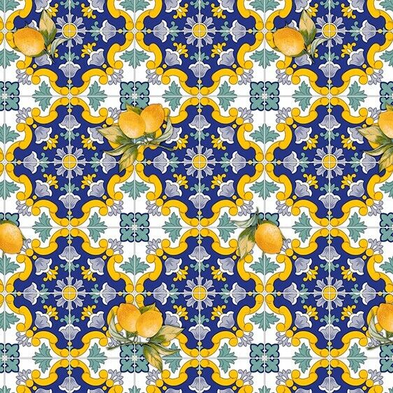 Blue and Yellow Tiles PVC Vinyl Tablecloth 20 Metres Roll