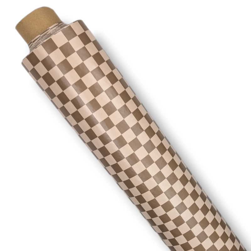 Brown and Beige Checkerboard PVC Vinyl Tablecloth Roll 20 Metres x 140cm