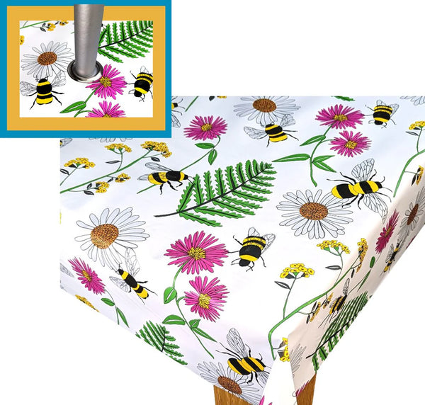 Busy Bee Meadow Bright  250cm x 140cm with PARASOL Hole PVC Vinyl Wipe Clean Tablecloth  Warehouse Clearance