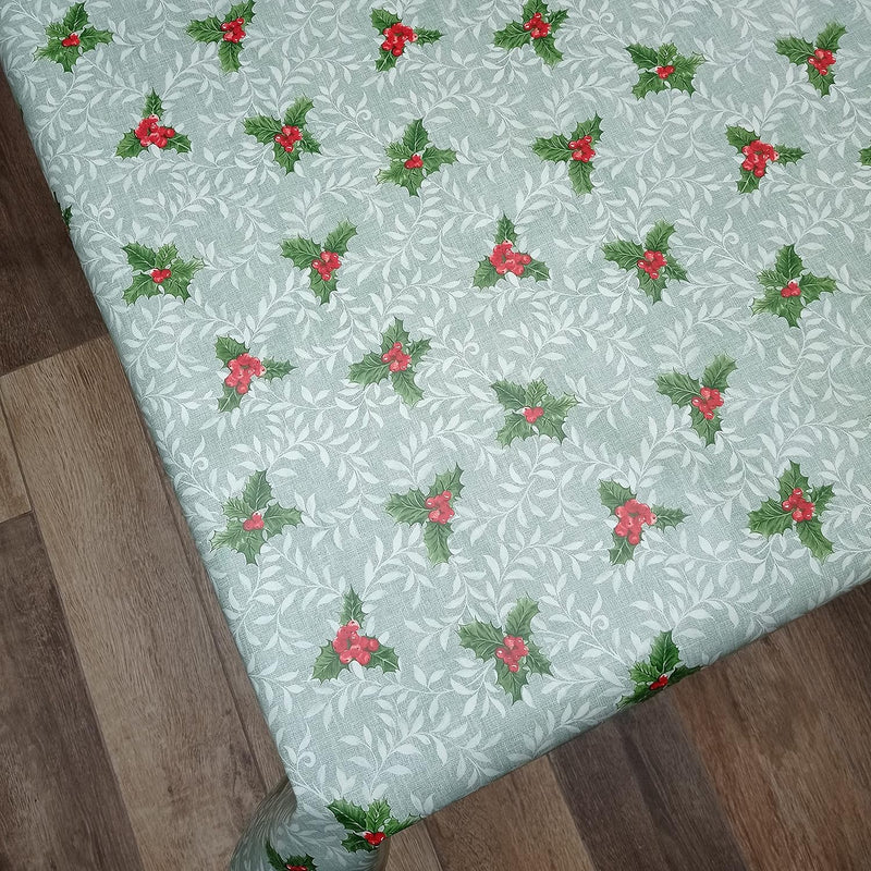 Christmas Holly Duckegg Green PVC Vinyl Tablecloth 20 Metres x 140cm Full Roll