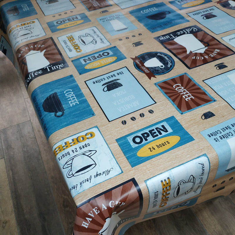 Coffee Diner Blue  vinyl tablecloth 150cm x 140cm Warehouse Clearance