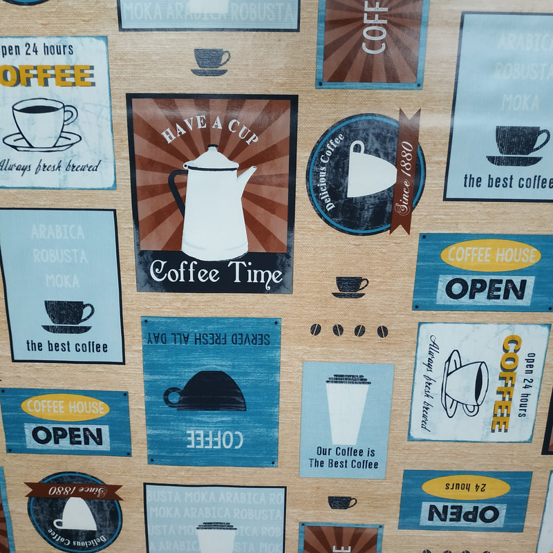 Coffee Diner Blue  vinyl tablecloth 150cm x 140cm Warehouse Clearance