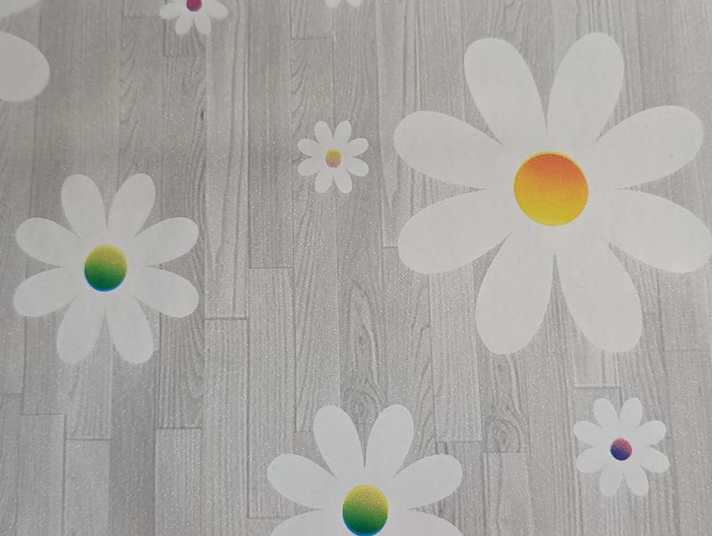 Daisy Flowers on Grey Wood Effect Vinyl Tablecloth