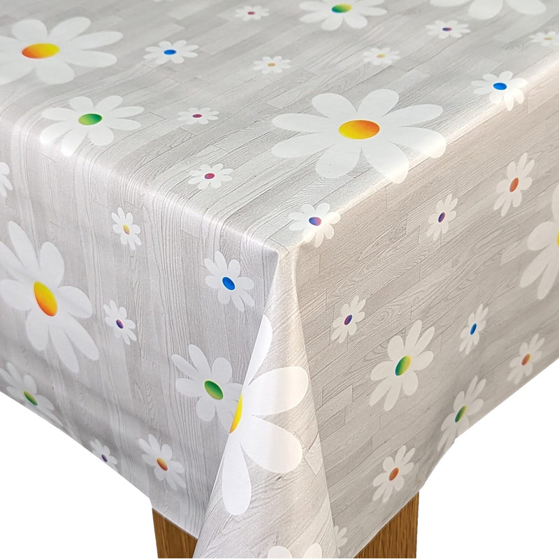 Daisy Flowers on Grey Wood Effect Vinyl Tablecloth