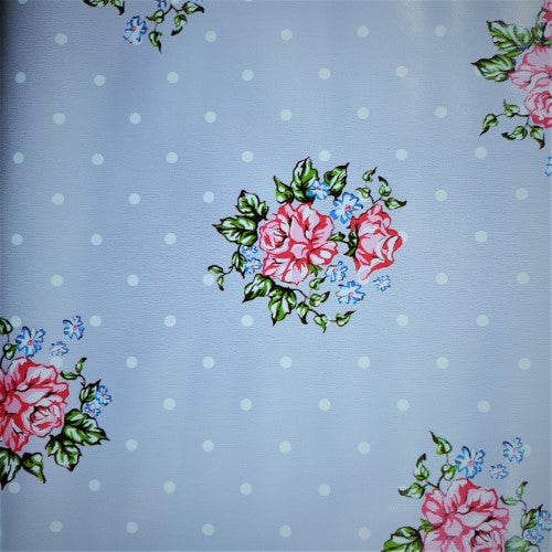 Dotty Rose Sky Blue PVC Vinyl Wipe Clean Tablecloth 100cm x 140cm Warehouse Clearance