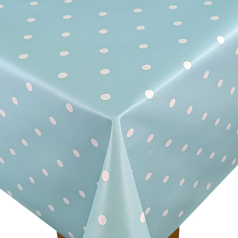 Duck Egg Blue Polka Dotty vinyl tablecloth ROUND 138cm -Warehouse Clearance