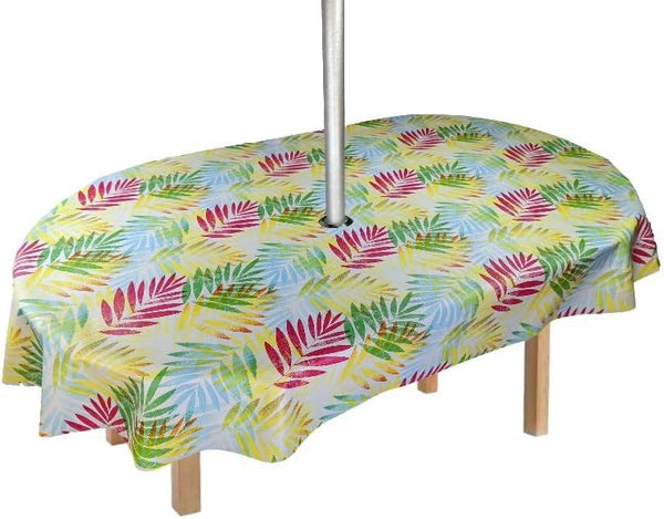 Oval Garden Tablecloth with Parasol Umbrella Hole Wipe Clean Vinyl PVC Exotic Leaves Multi OVAL 300cm x 140cm