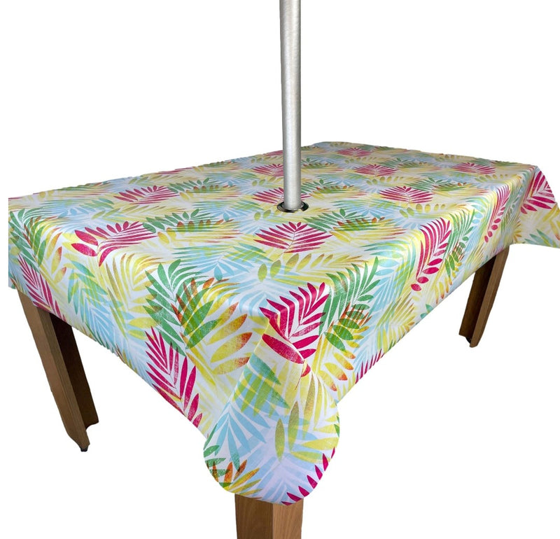 Exotic Leaves Multi  PVC Vinyl Wipe Clean Tablecloth with PARASOL Hole 140cm x 140cm Warehouse Clearance