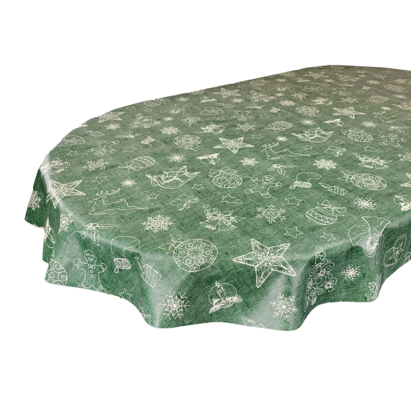 Oval Christmas Festive Green Wipe Clean PVC Vinyl Tablecloth 200cm x 140cm