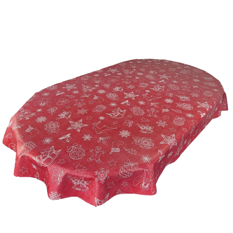 Oval Christmas Festive Red Wipe Clean PVC Vinyl Tablecloth 200cm x 140cm