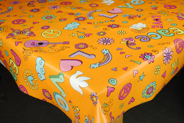 Copy of Retro Flower Power Peace and Love Orange PVC Vinyl Tablecloth 20 Metres x 140cm