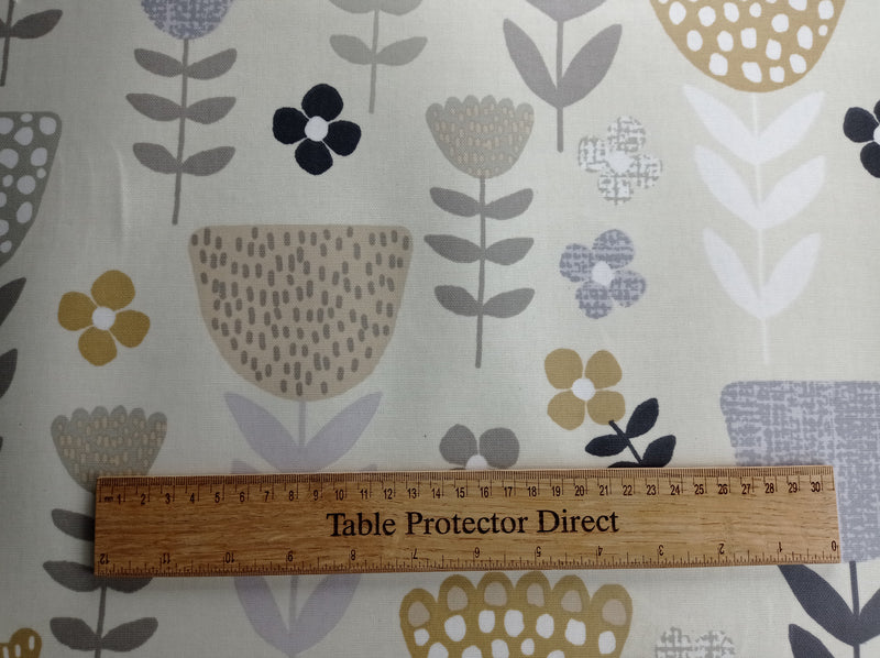 Annika Beige and Grey  Scandi Floral Cotton Oilcloth Tablecloth