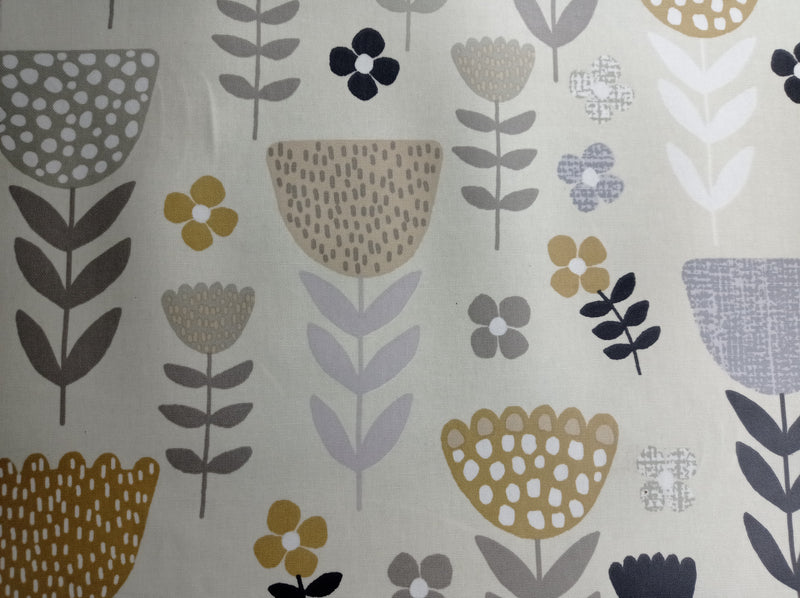 Annika Beige and Grey  Scandi Floral Cotton Oilcloth Tablecloth