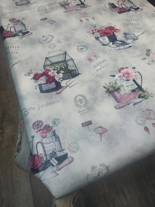 French Garden Grey and Pink PVC Vinyl Wipe Clean Tablecloth 110cm x 140cm Warehouse Clearance