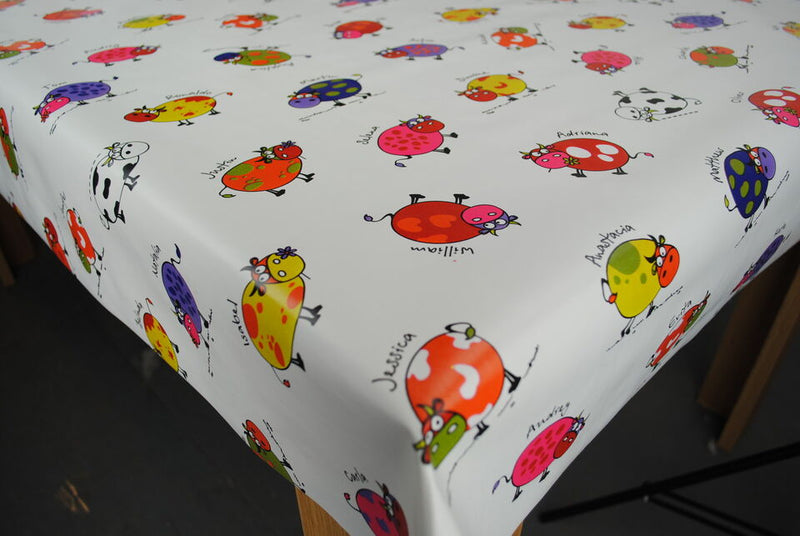 Funky Cows White PVC Vinyl Wipe Clean Tablecloth 160cm x 140cm Warehouse Clearance