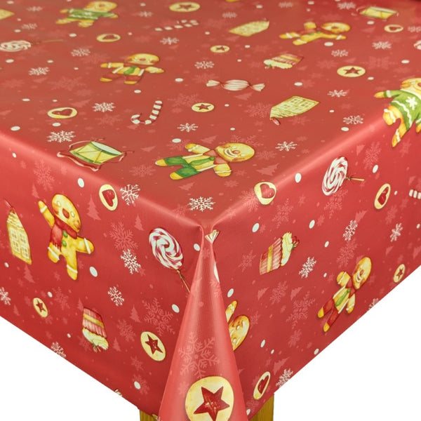 Christmas Gingerbread Man Red Vinyl Oilcloth Tablecloth