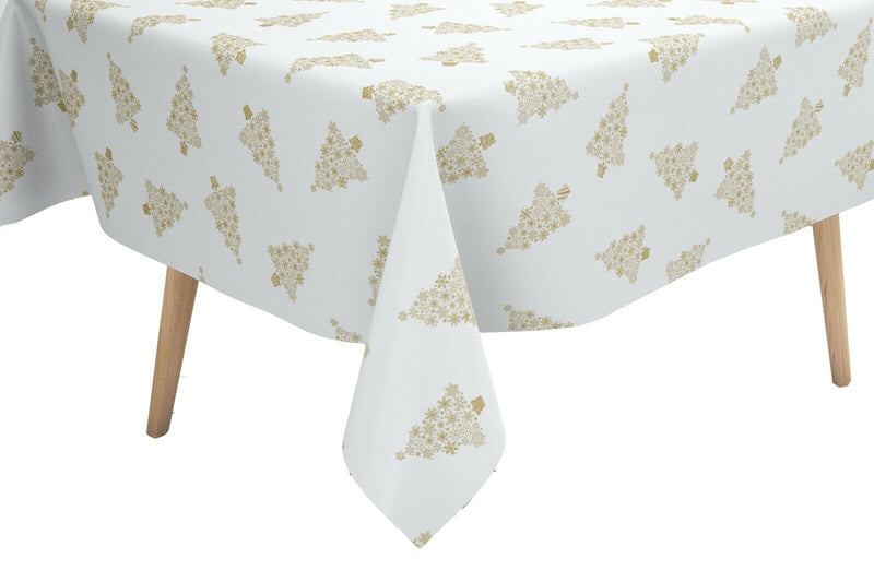 Gold Snowflake Christmas Trees on White Vinyl Tablecloth Roll 20 Metres x 140cm