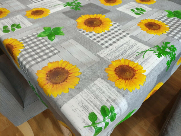 Sunflowers Grey and Yellow Vinyl Oilcloth Tablecloth 300cm x 140cm  - Warehouse Clearance