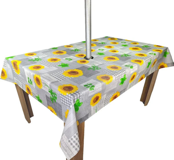 Grey and Yellow sunflower  PVC Vinyl Wipe Clean Tablecloth with PARASOL Hole 300cm x 140cm Warehouse Clearance