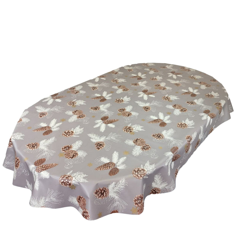 Oval Christmas Pine Cones Grey Brown Wipe Clean PVC Vinyl Tablecloth 200cm x 140cm