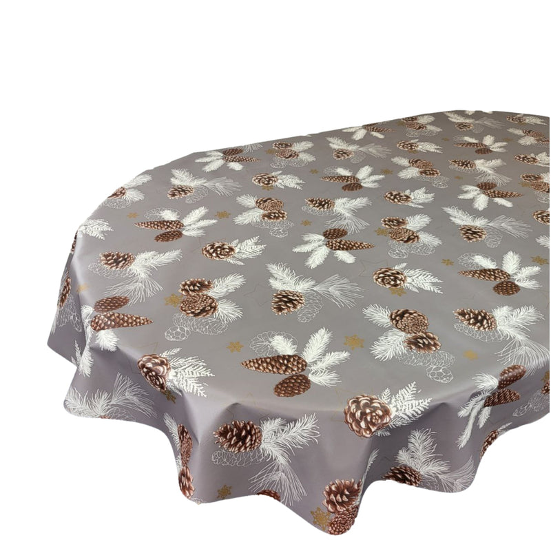 Oval Christmas Pine Cones Grey Brown Wipe Clean PVC Vinyl Tablecloth 300cm x 140cm