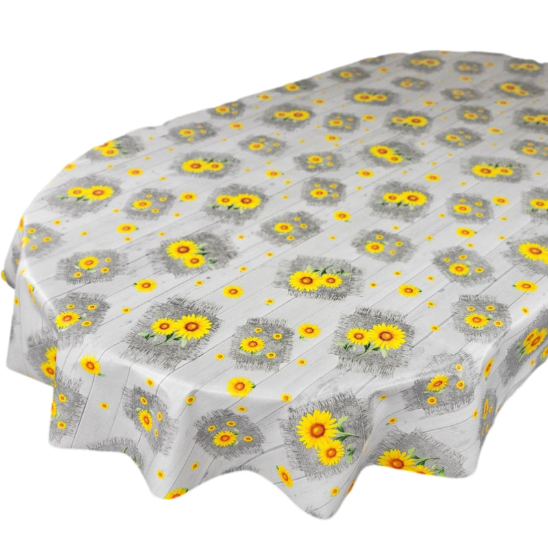 Oval Wipe Clean Tablecloth Vinyl PVC 180cm x 140cm Sunflowers on Grey Wood Effect