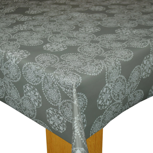 Gunmetal Grey Lace Pattern vinyl tablecloth ROUND 138cm Warehouse Clearance