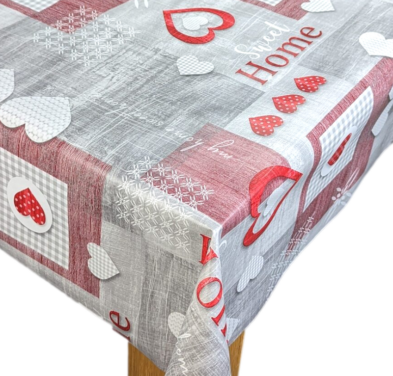 Hearts at Home Red and Grey PVC Vinyl Wipe Clean Tablecloth 110cm x 140cm Warehouse Clearance