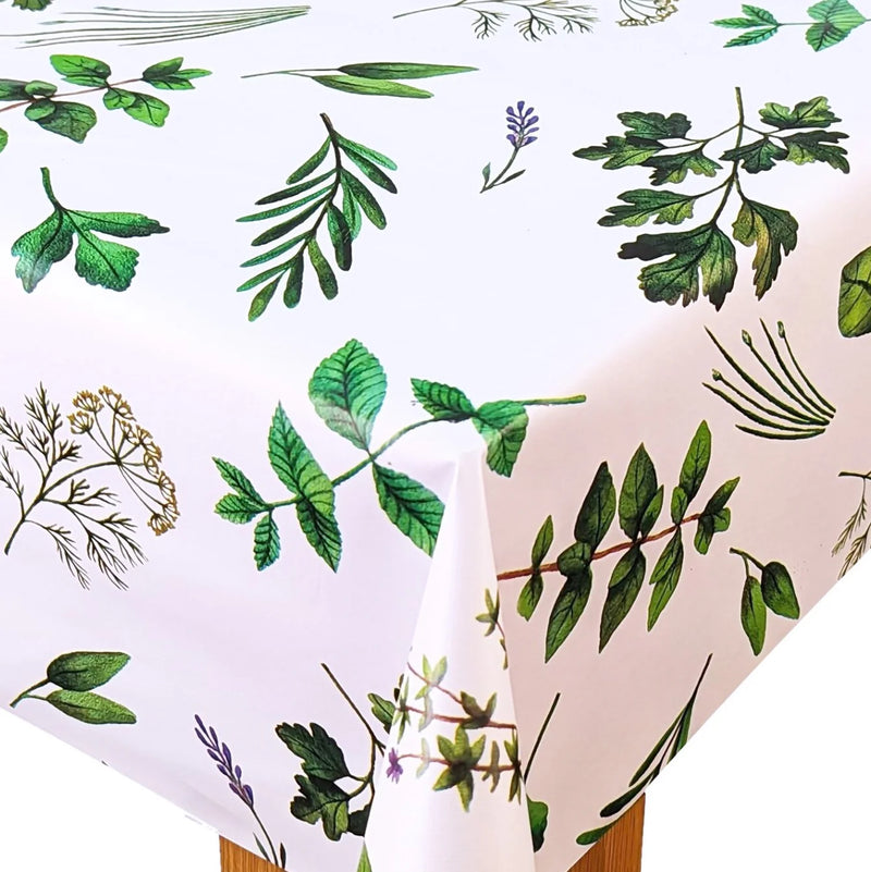 Herb Garden White PVC Vinyl Wipe Clean Tablecloth with PARASOL hole  ROUND 138cm Warehouse Clearance