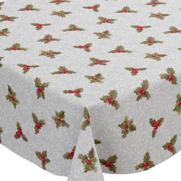 Christmas Holly Grey Mist PVC Vinyl Tablecloth 20 Metres x 140cm Full Roll