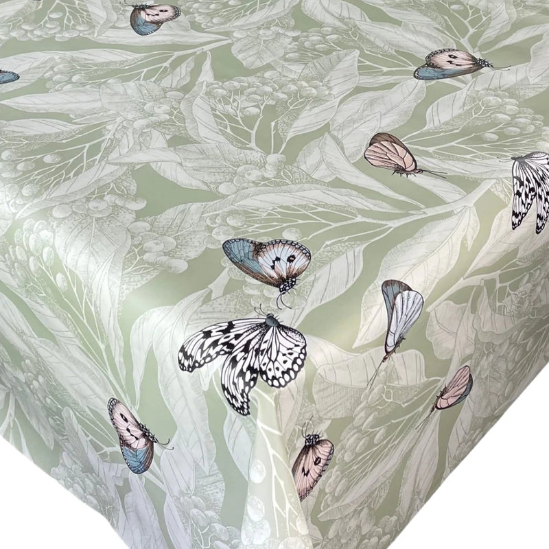 Leaves and Butterflies Sage Green PVC Vinyl Wipe Clean Tablecloth 100cm x 140cm Warehouse Clearance