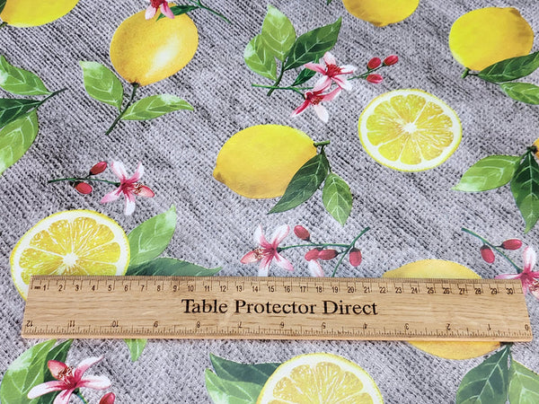 Lemons and Blossom on Hessian Vinyl Oilcloth Tablecloth ROUND 138cm  - Warehouse Clearance