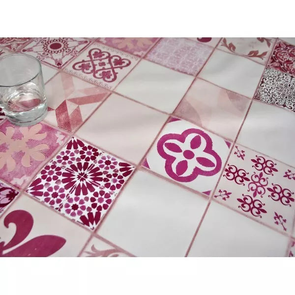 Lisbon Tiles Pink PVC Vinyl Wipe Clean Tablecloth 240cm x 140cm Warehouse Clearance