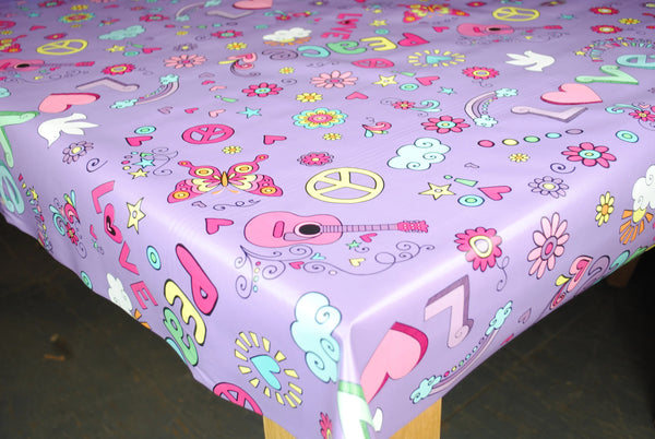 Love Peace Hearts Butterfly Lilac PVC Vinyl Wipe Clean Tablecloth 220cm x 140cm Warehouse Clearance