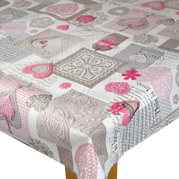 Love Pink and Grey PVC Vinyl Wipe Clean Tablecloth 140cm x 140cm Warehouse Clearance