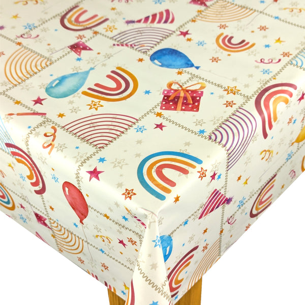 Birthday Celebration Rainbow Balloon Gift Pattern Vinyl Oilcloth Tablecloth