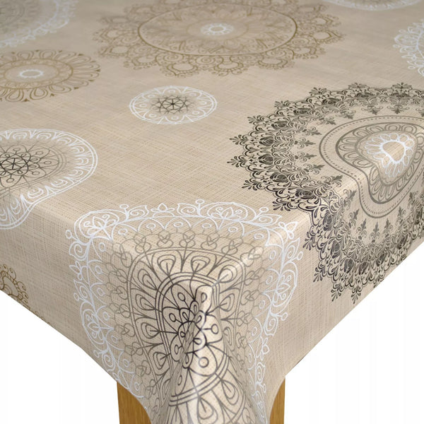 Mandala Beige and Black PVC Vinyl Wipe Clean Tablecloth 100cm x 140cm Warehouse Clearance