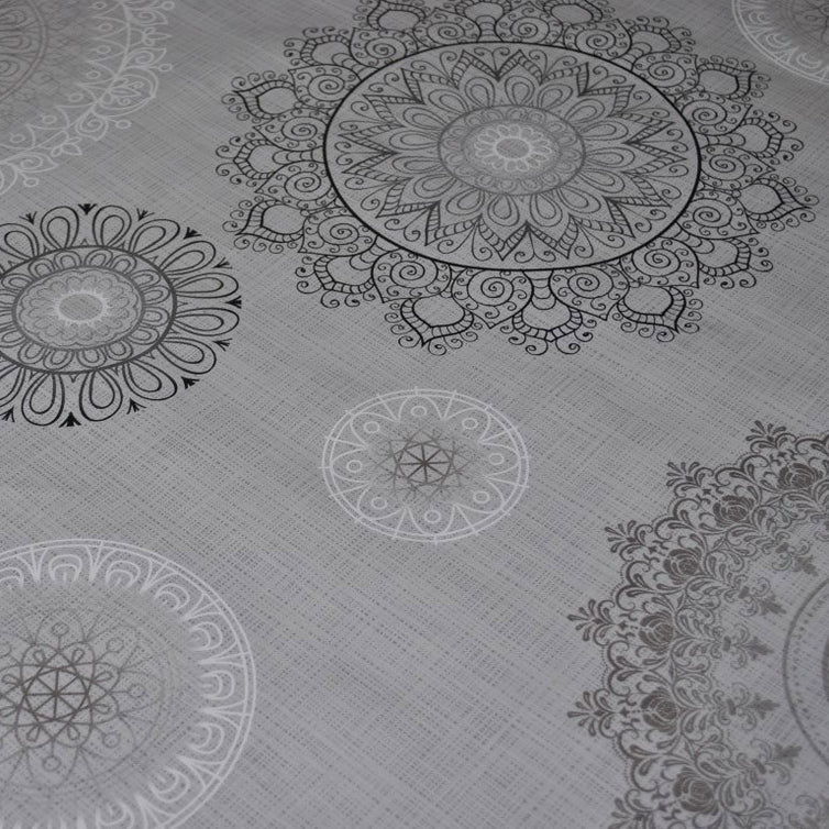 Mandala Grey and Black PVC Vinyl Wipe Clean Tablecloth 110cm x 140cm Warehouse Clearance