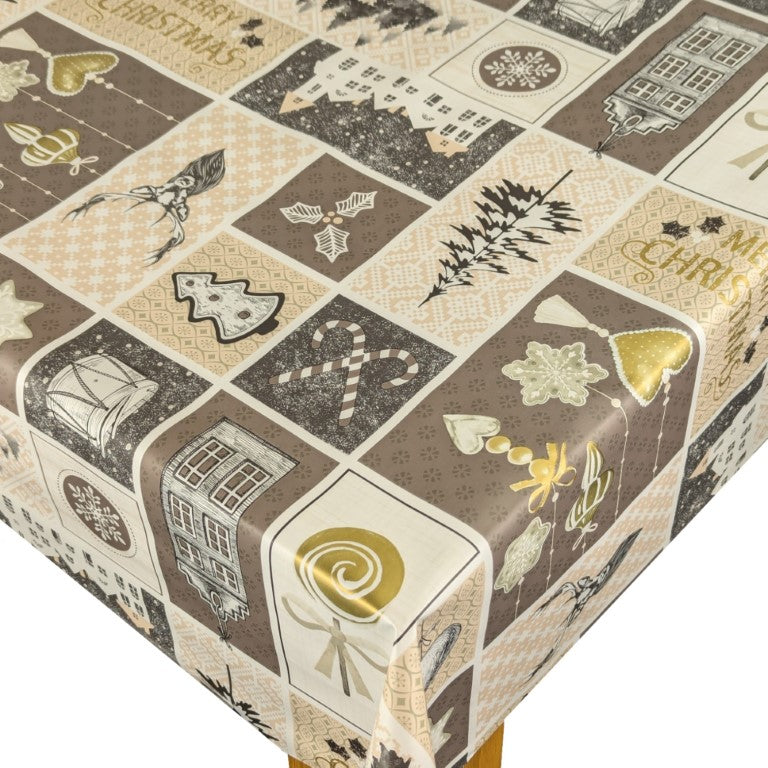 Nordic Christmas Gold Beige Vinyl Oilcloth Tablecloth