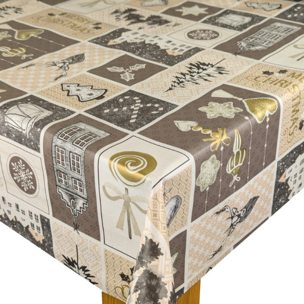 Nordic Christmas Gold Beige Vinyl Oilcloth Tablecloth