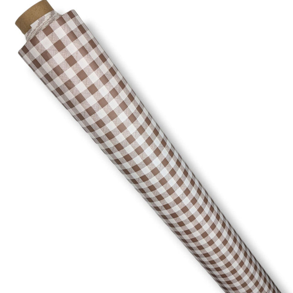 Light Brown Small Check Gingham PVC Vinyl Tablecloth Roll 20 Metres x 140cm Full Roll