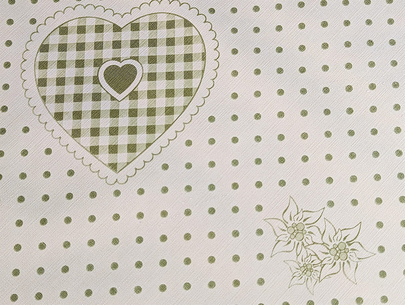 Moss Green Dotty Gingham Hearts PVC Vinyl Tablecloth 20 Metres x 140cm